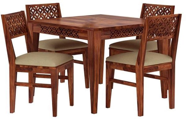 Solid Sheesham Wood Round Four Seater Dinning Table with 4 Chairs for Home