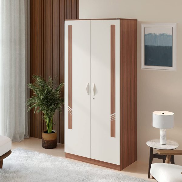 Andrie Engineered Wood 2 Door Wardrobe with Drawer, (Walnut & White)