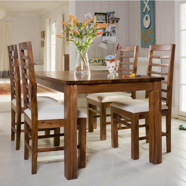 Modern Furniture Solid Sheesham Wood Dining Table 4 Seater Dining Table Set with 4 Cushion Chairs
